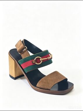 Gucci Brown Suede Block Heel Sandals with Green and Red Web